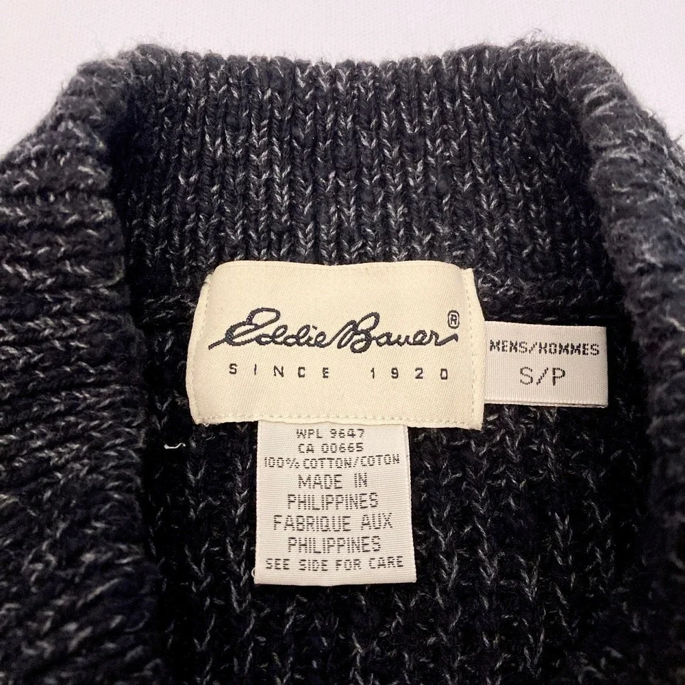 Vintage Eddie Bauer Henley Sweater Mens Small 90s Black Marled Knit 100% Cotton